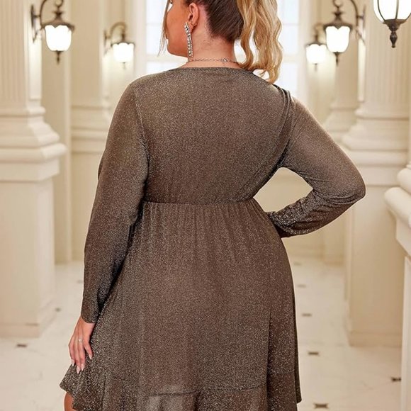 IN'VOLAND Plus Size Women Dress V Neck Ruched Fall Long Sleeve Short Mini - Picture 4 of 8